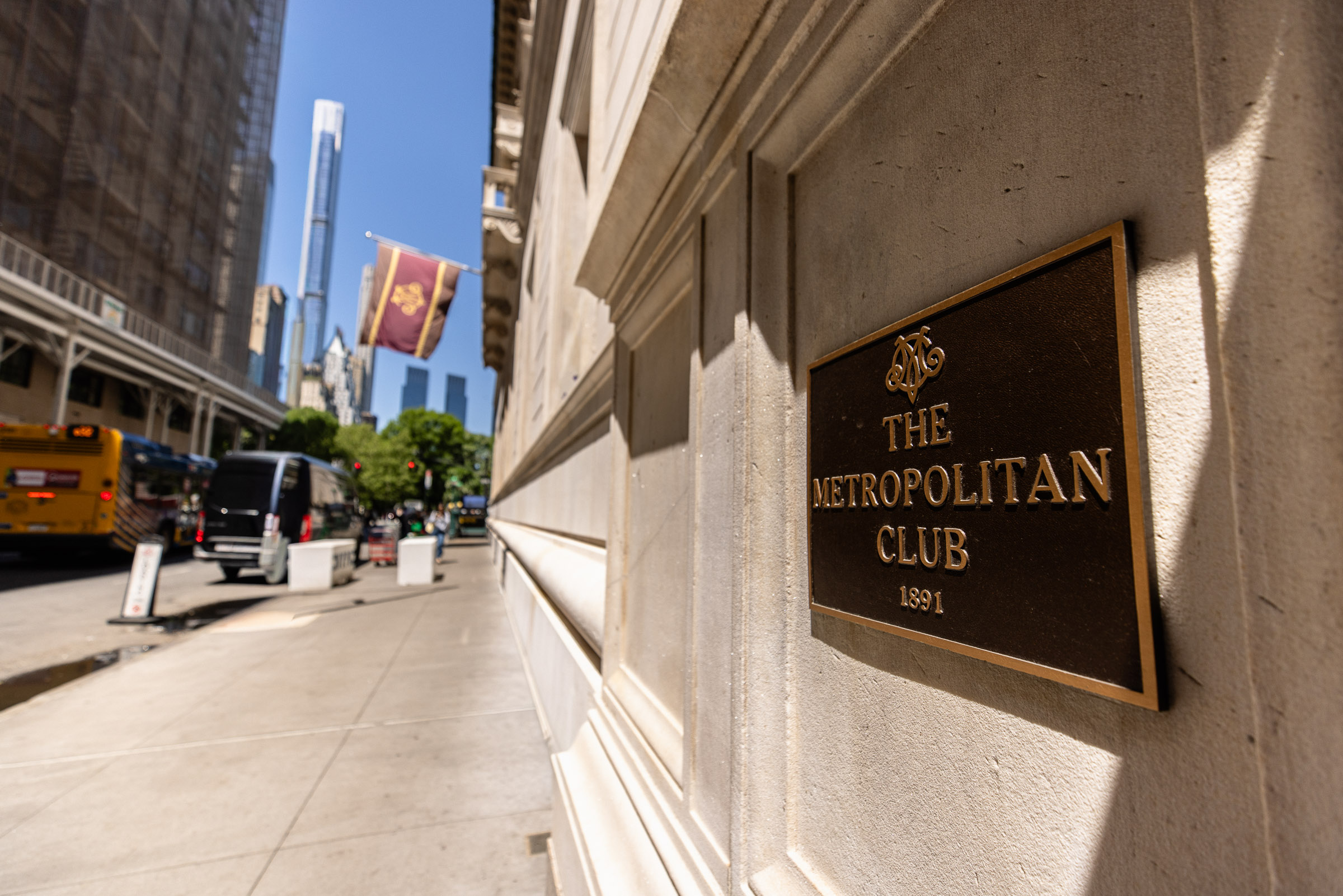 Exterior plaque and entrance of the Metropolitan Club on East 60th Street in Manhattan