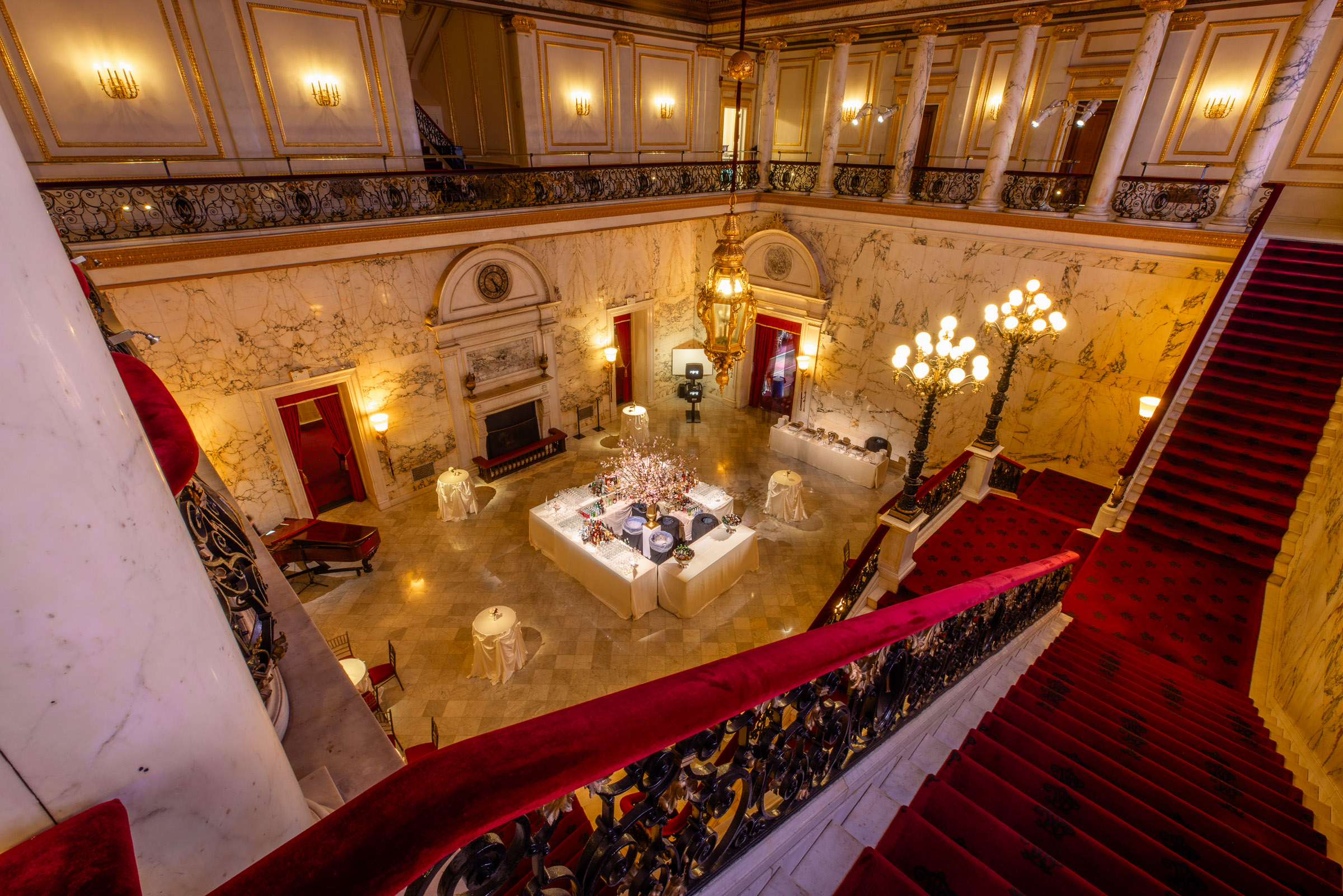 Overhead view of the Metropolitan Club marble hall and staircase