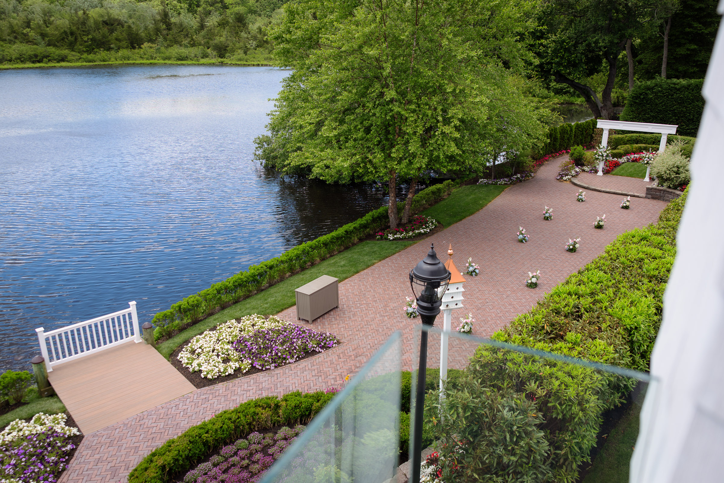 Overhead view of the lakeside ceremony garden at The Mill Lakeside Manor