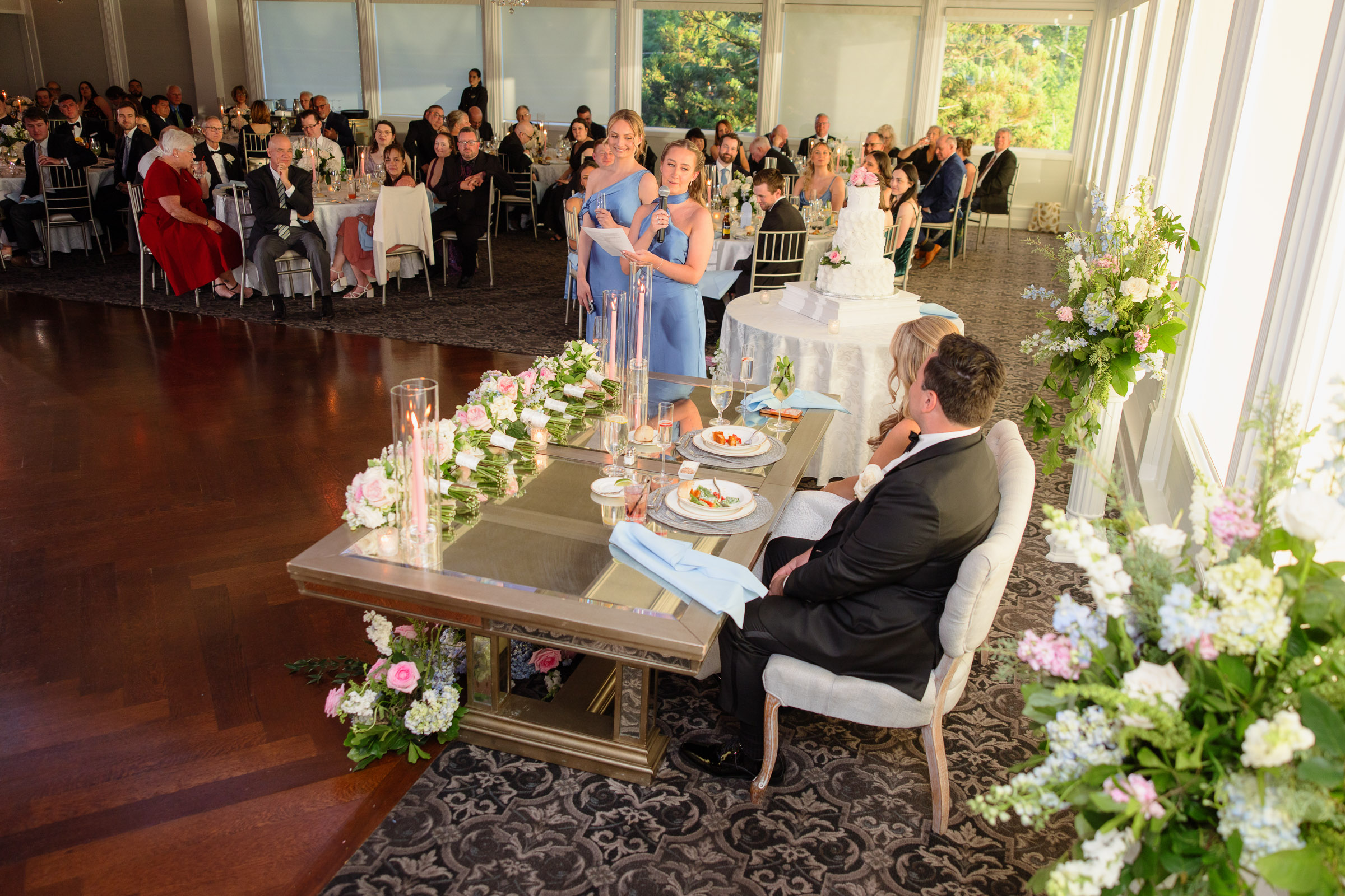 Overhead view of a reception toast in the lakefront ballroom