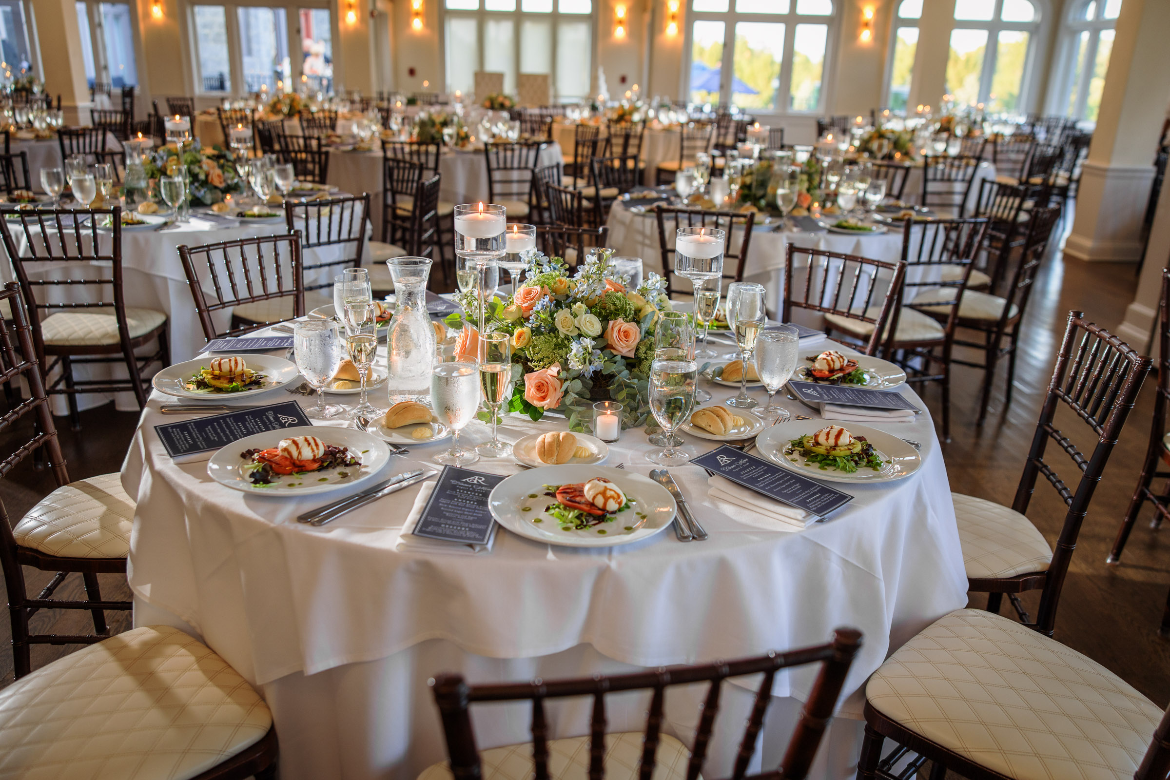 Whitby Castle reception tables set with pastel florals