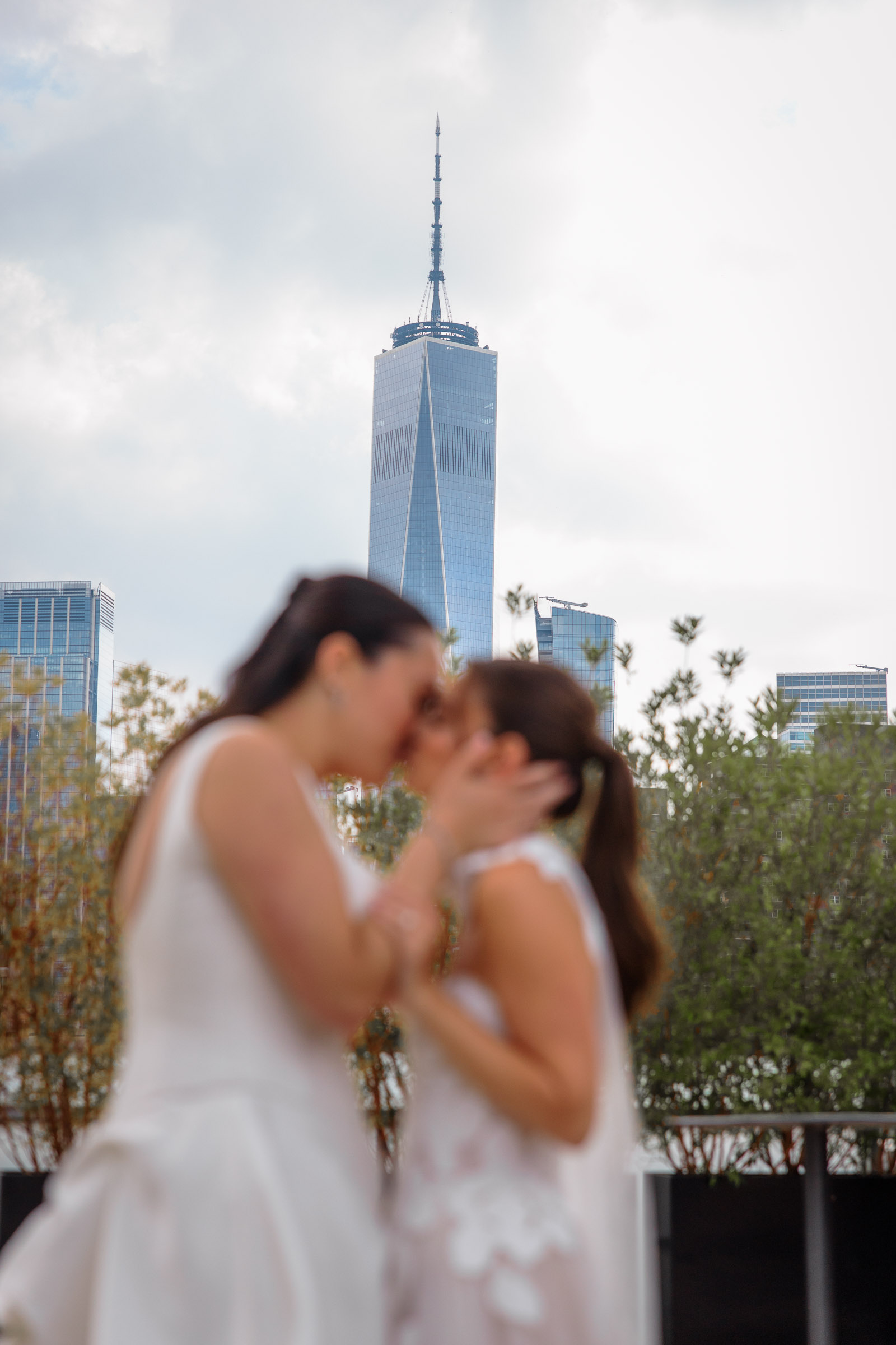 A quiet rooftop portrait of the brides framed by a veil and the Lower Manhattan skyline